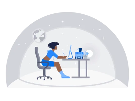 Concentrated Graphic Designer Working on Computer in Space