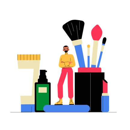 Flat Illustration of a Makeup Specialist with Cosmetics