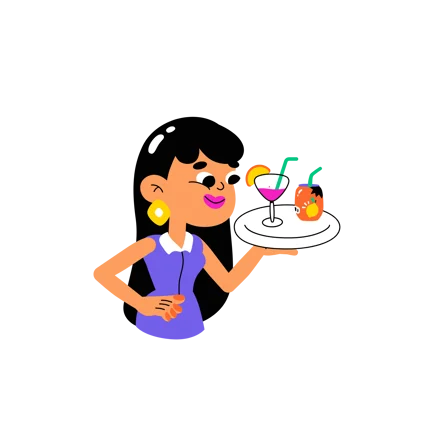 Cartoon Woman Serving Drinks on Tray Illustration