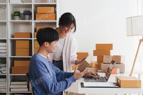 Preview: Small business owners couple entrepreneurs working with parcel, e-business, marketing, online shop